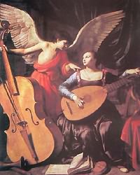 Barokna slika andjela i žene koji sviraju kontrabas i lautu